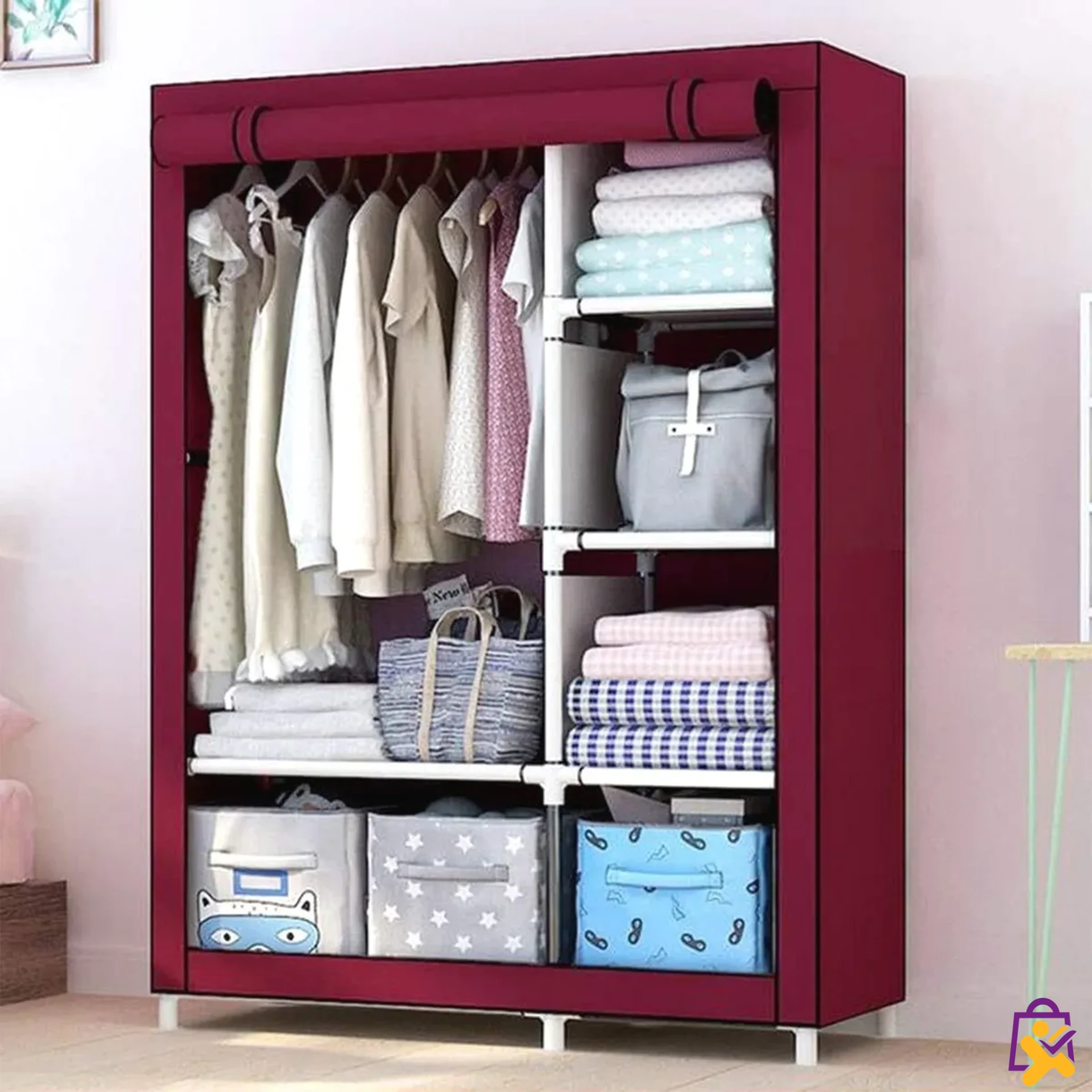 Armário Organizador Dobrável para Roupas com Cabideiro e 6 Prateleiras Vinho - foto 2