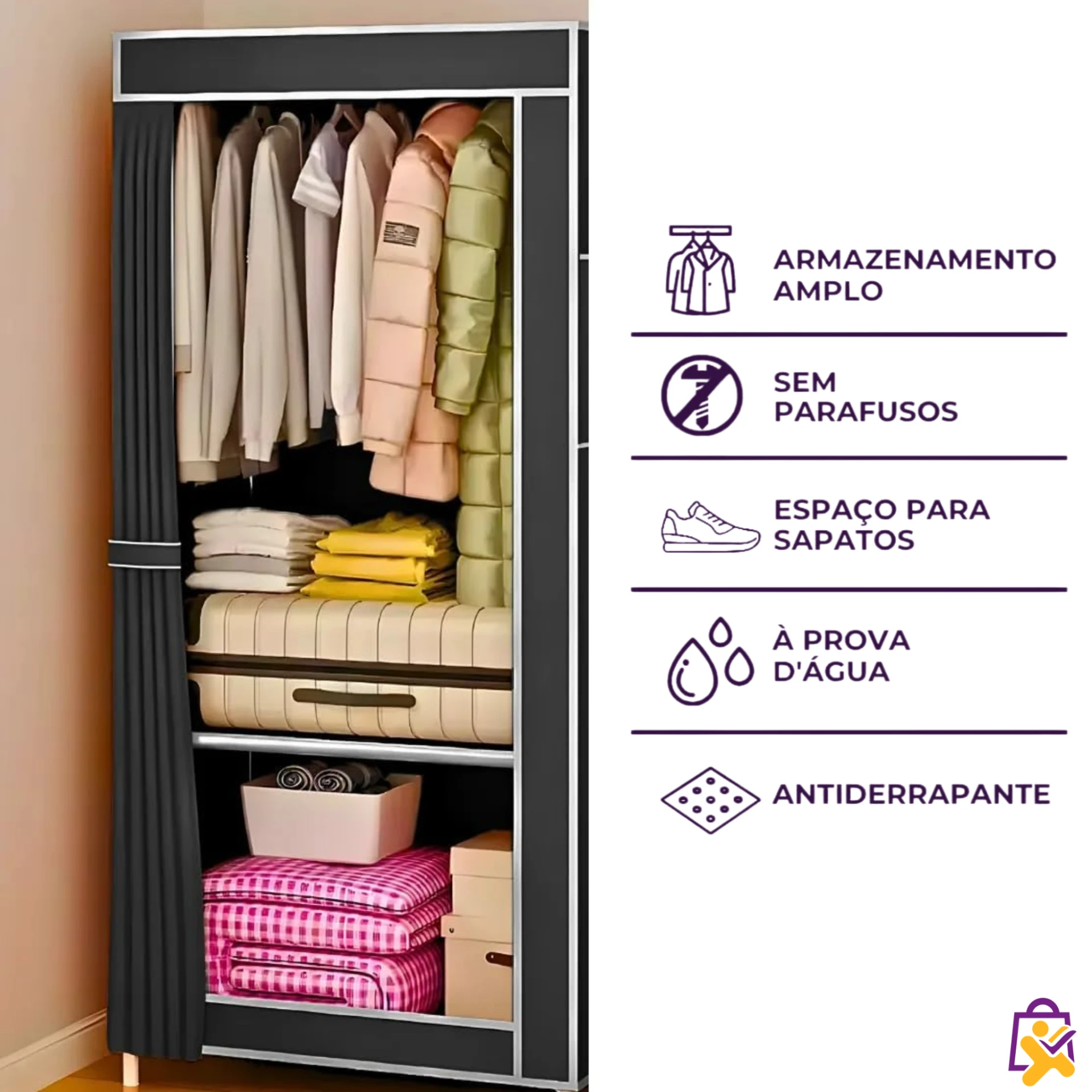 Armário Organizador Dobrável para Roupas com Cabideiro e 6 Prateleiras Preto - foto 6