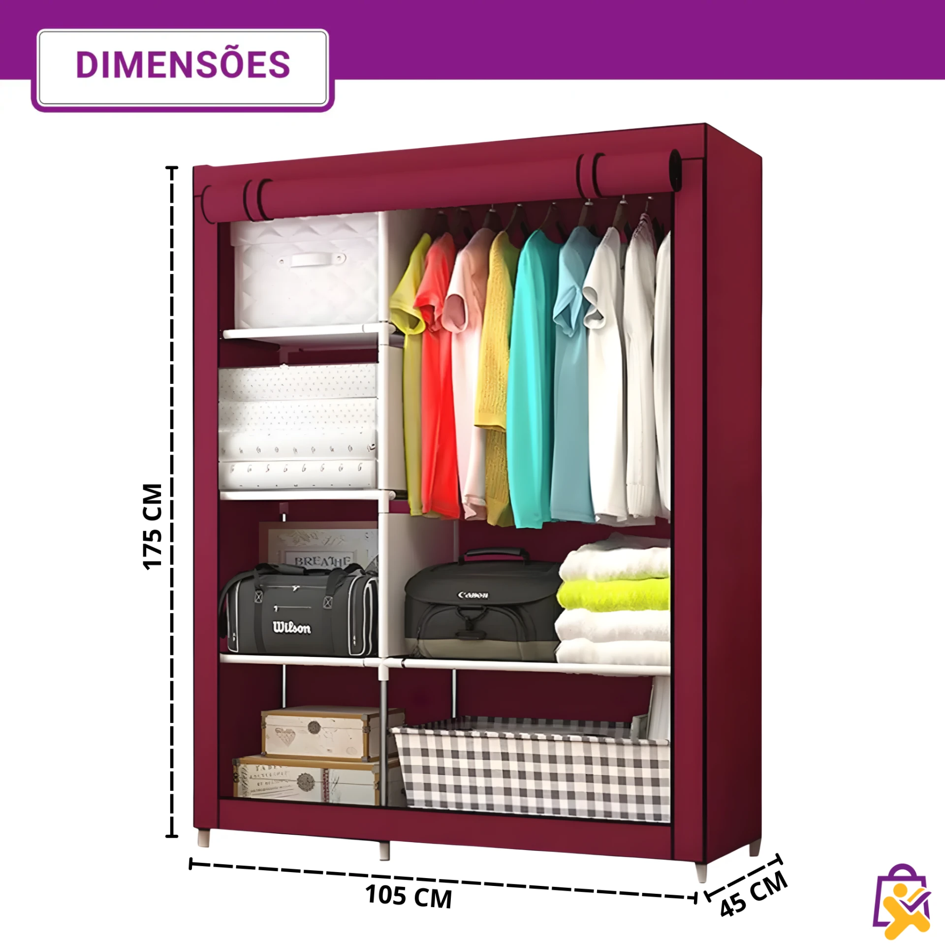 Armário Organizador Dobrável para Roupas com Cabideiro e 6 Prateleiras Vinho - foto 3