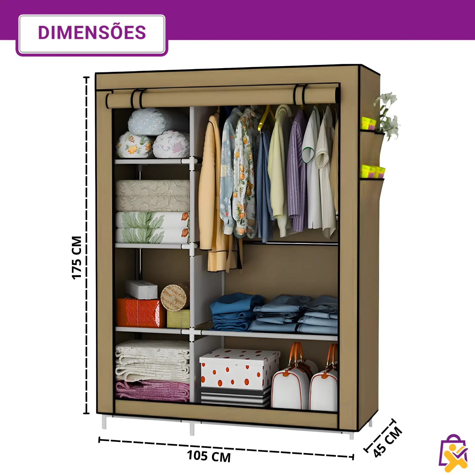 Armário Organizador Dobrável para Roupas com Cabideiro e 6 Prateleiras Bege - foto 7