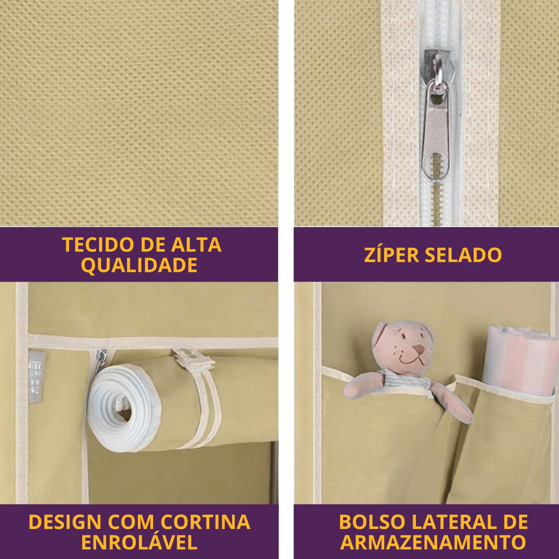 Armário Organizador Dobrável para Roupas com Cabideiro e 6 Prateleiras Bege - foto 5