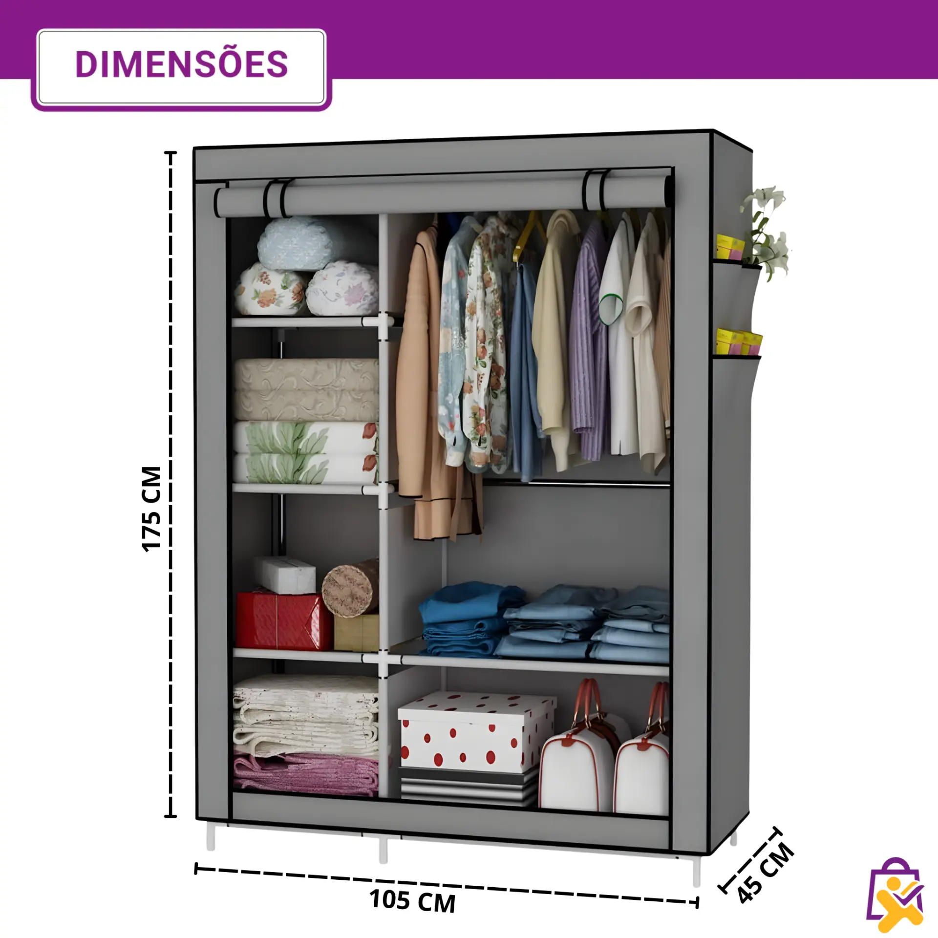 Armário Organizador Dobrável para Roupas com Cabideiro e 6 Prateleiras Cinza - foto 3