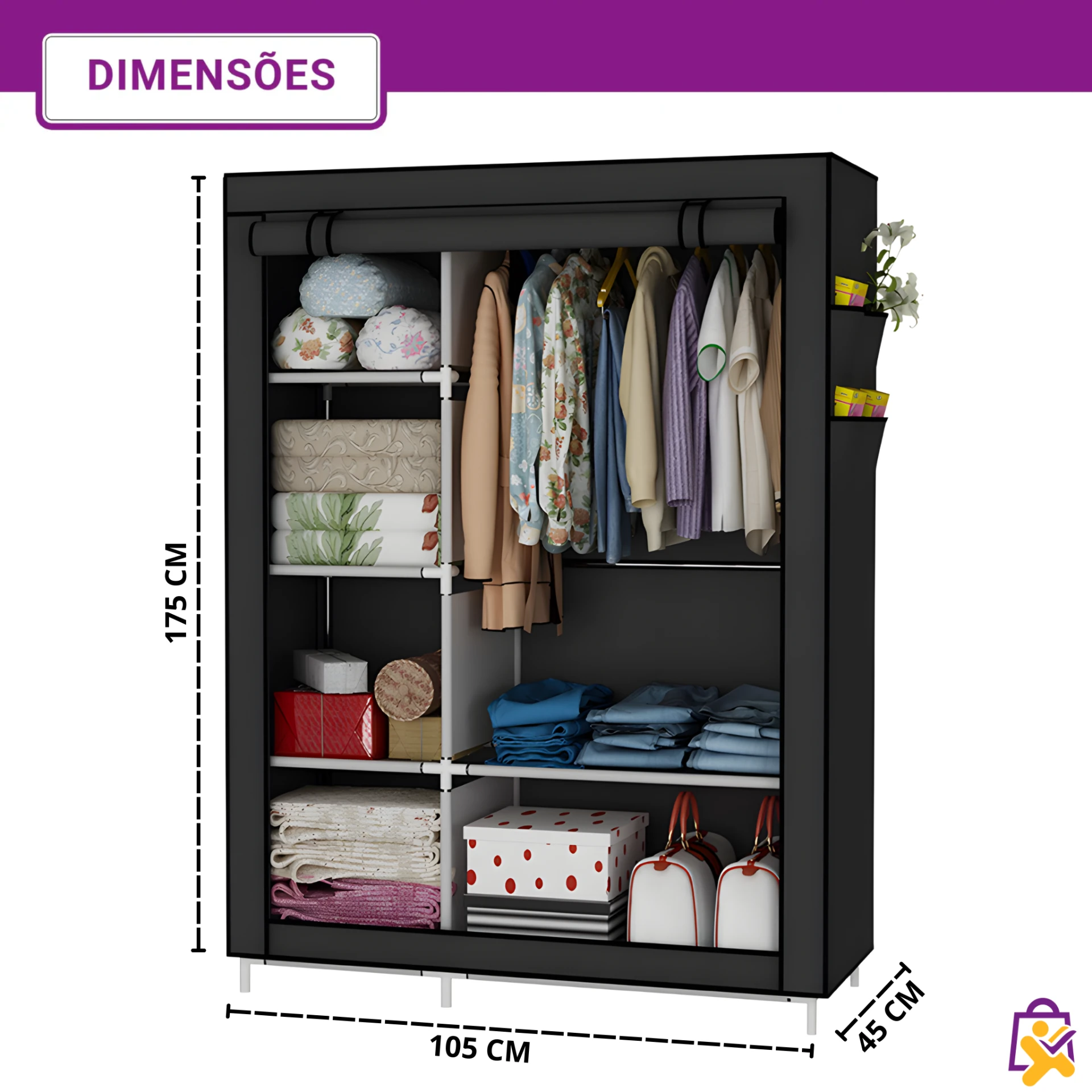 Armário Organizador Dobrável para Roupas com Cabideiro e 6 Prateleiras Preto - foto 2